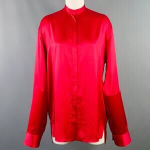 HAIDER ACKERMANN Size S Red Silk Satin Nehru Collar Hidden Buttons Shirt